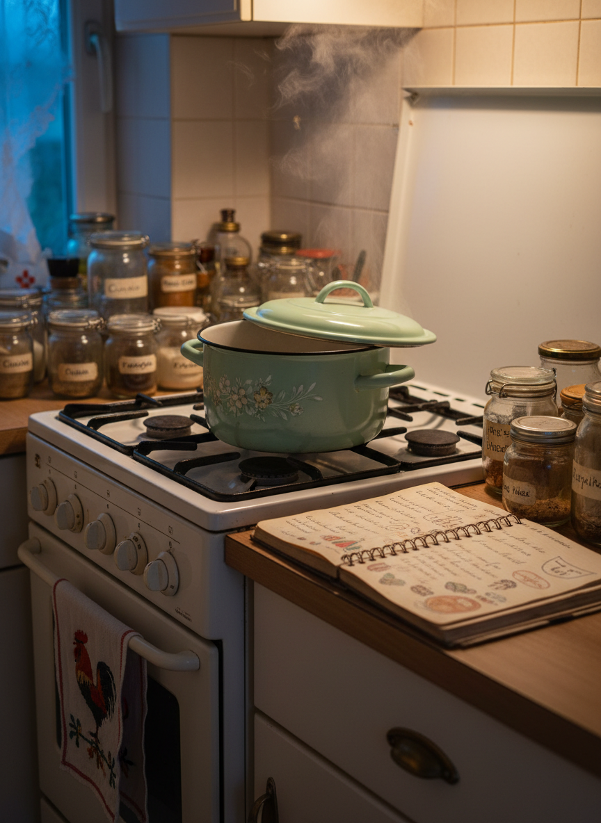 A small, slightly chaotic village kitchen corner: a pastel-colored enamel pot simmering on a gas stove, lid askew with fragrant steam escaping, surrounded by mismatched spice jars labeled in fading ink, and a hand-embroidered towel draped over the oven handle. On the counter, a battered notebook lies open, its pages full of notes, doodles, and smudges from years of family cooking experiments. Warm ceiling light mixes with the soft blue of early evening from a nearby window, casting cozy highlights on the metal pot and subtle shadows in the corners. Photographic realism, captured at a three-quarter angle with medium depth of field, creating a warm, humorous, lived-in atmosphere full of affectionate domestic chaos.